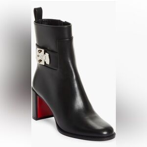 Christian Louboutin Silver lock Black Leather Ankle Bootie bock heel New